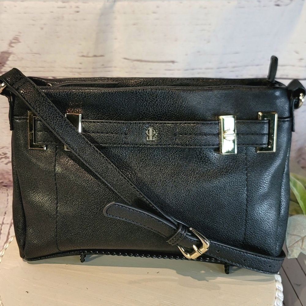 JLO Womens Black Vegan Leather Crossbody Bag